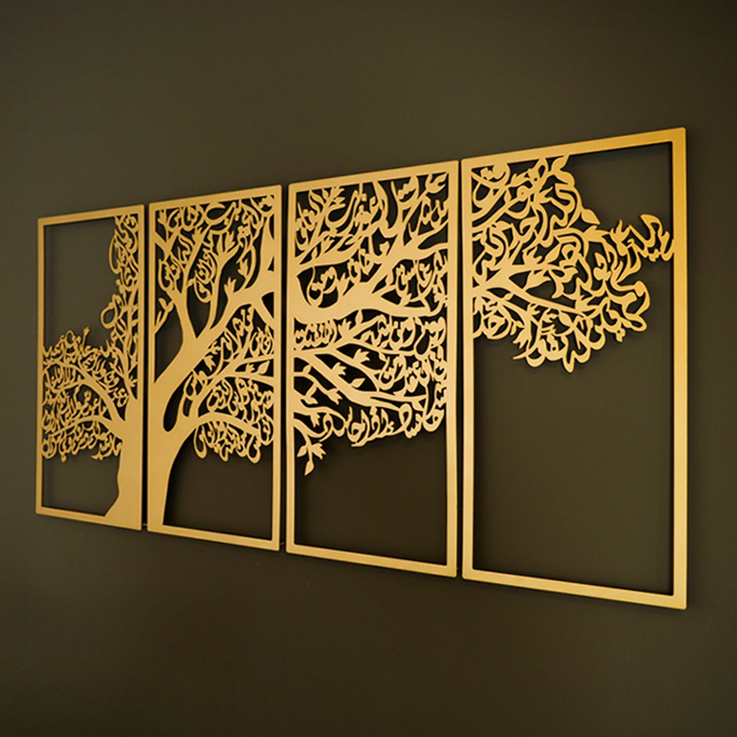Wall Art Istanbul - Ağaç Motifli 4 Kul Sureleri Metal Islami Duvar Tablo Seti (Nas, Felak, Ihlas ve Kâfirun) Altın Renk - 98 x 48 cm - Dini Tablo - WAM229