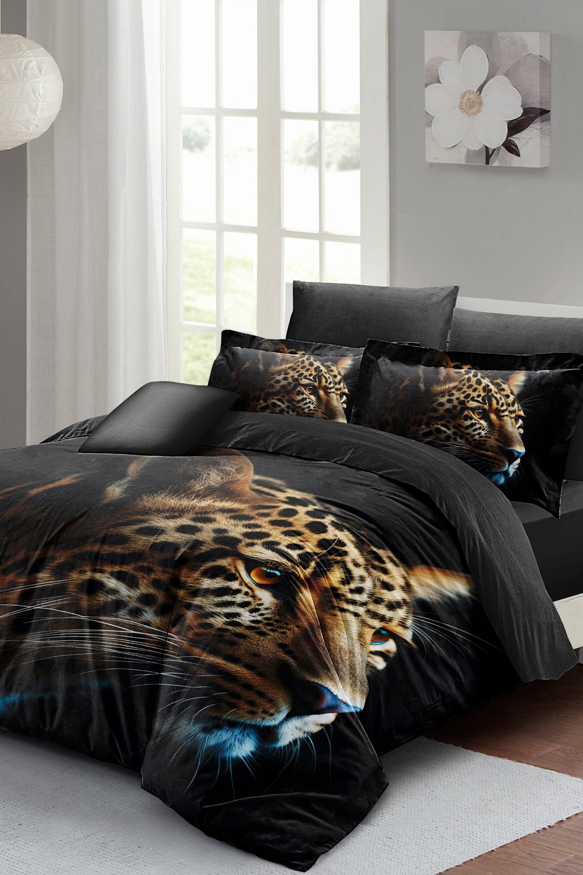 Kıng Sıze %100 Pamuk Saten Çift Kişilik Nevresim Takımı Leopard Face 220x240cm