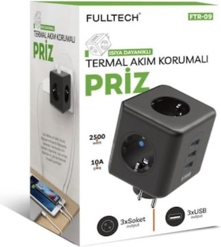 Termal Akım Korumalı Priz, Isıya Dayanıklı, Çocuk Koruması, 3'lü Duvar Tipi, 2 x USB