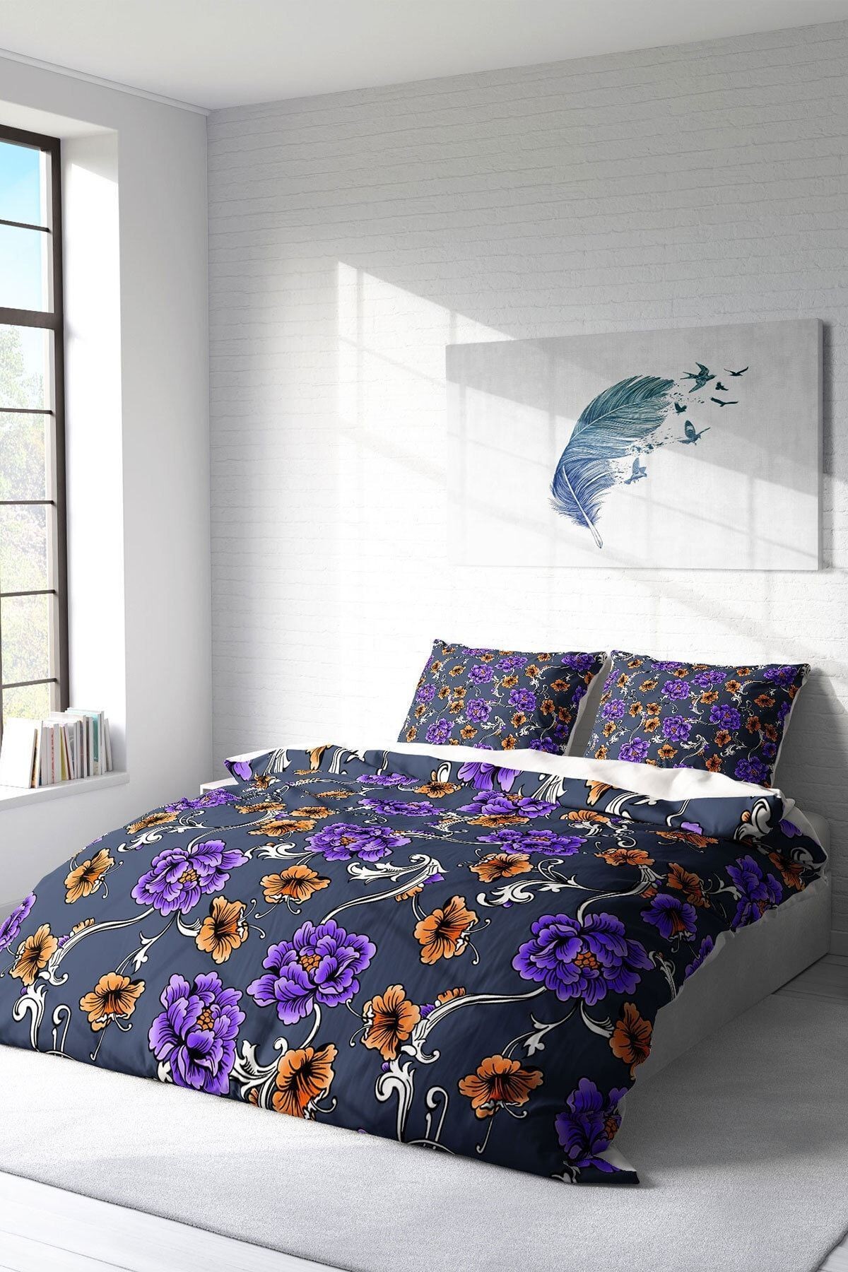 Purple Floral Naturel Çift Kişilik Nevresim Takımı