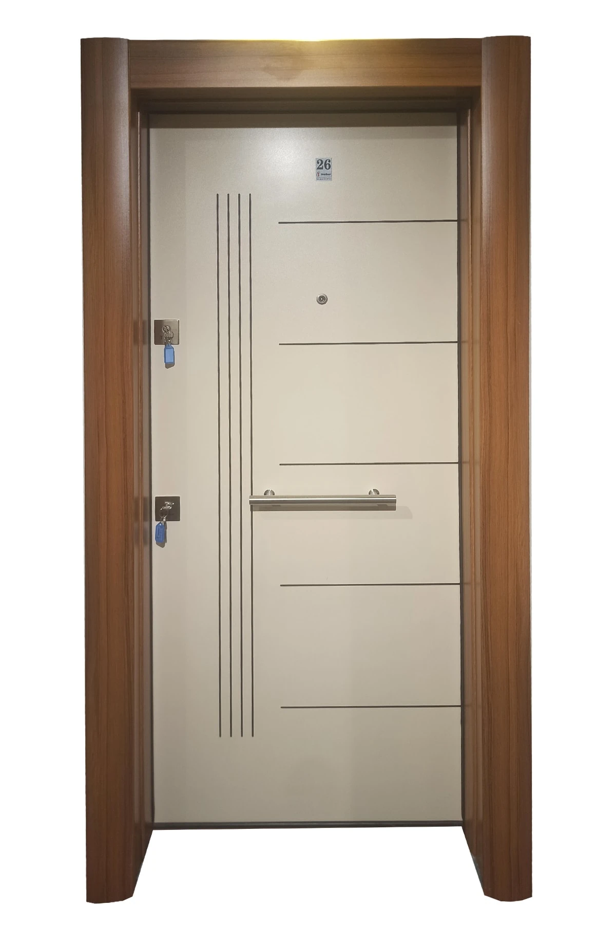 Çelik Kapı Ahşap Kaplama Krem Rengi Tırnaklı Kale Kilitli Çelik Kapı Daire Kapısı Sağ Açılım