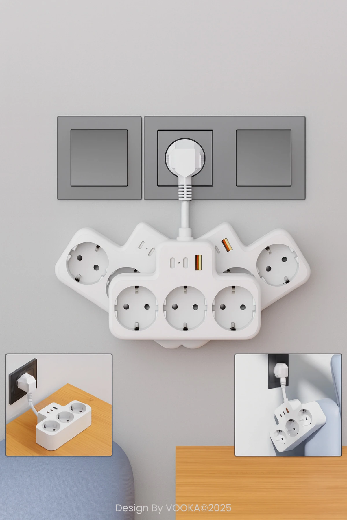 Akıllı Priz Termal Korumalı 3 Prizli Çoklu Akım Prizi | 1 USB-A + 2 USB-C 3 Socket 3680W 16A