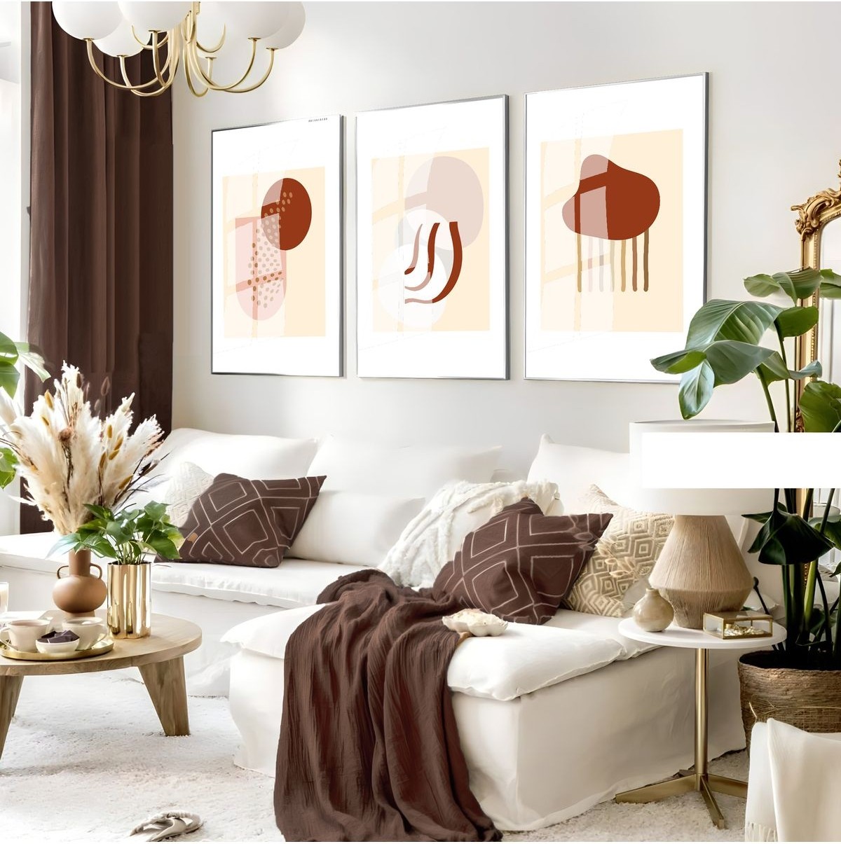 |krem-Kahverengi Minimalist Bohem Seti 02|çerçeveli Cam Tablo 3lü Dikey