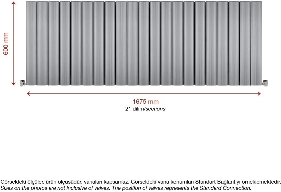 600 x 1675 mm Amber Yatay Gümüş Gri Alüminyum Radyatör Standart Bağlantı