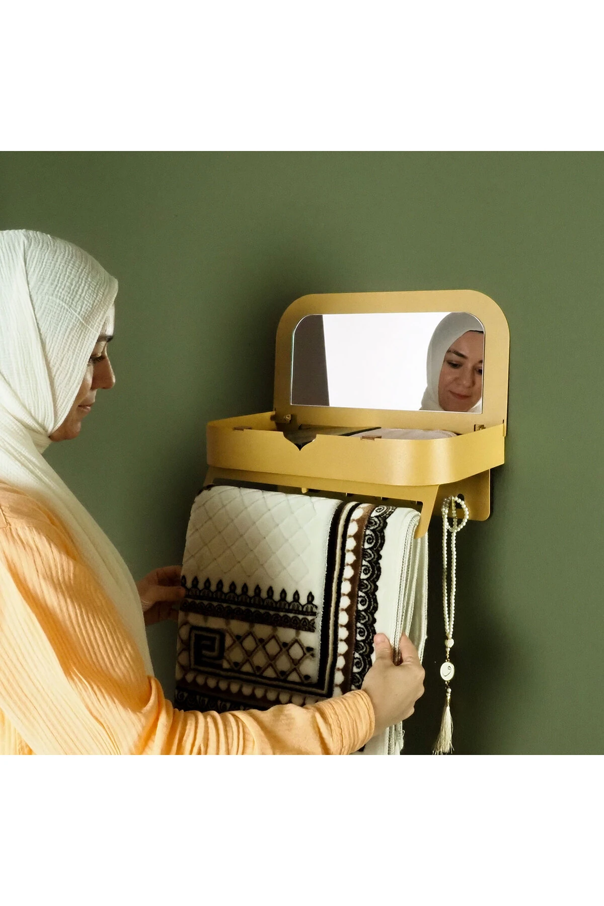 Duvara Monte Aynalı Namaz Köşesi Rafı – Seccade & Tesbih Düzenleyici - WAMH209