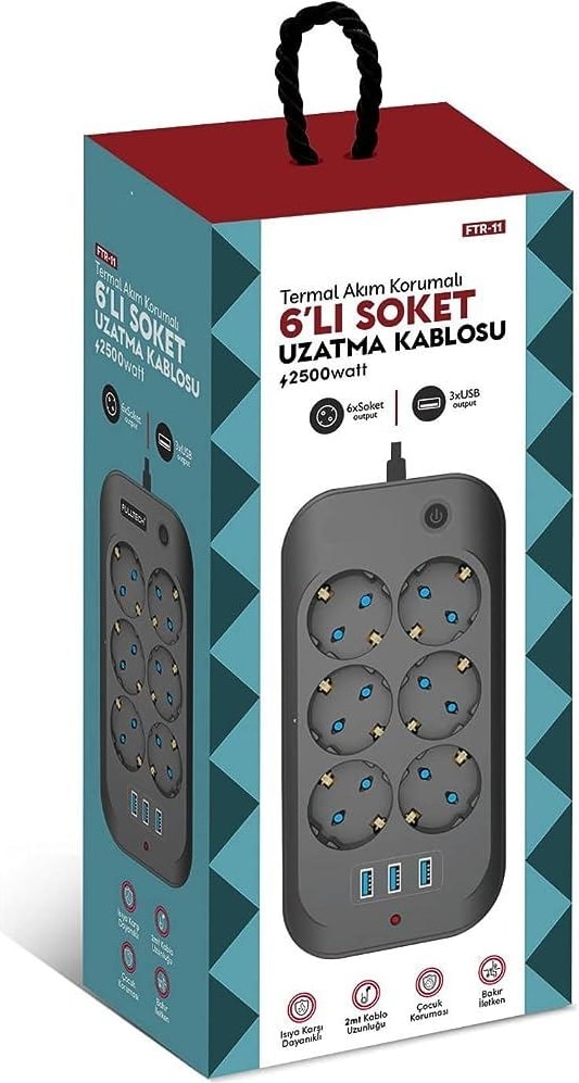 Termal Akım Korumalı Priz 3-Usb Giriş 6 Priz
