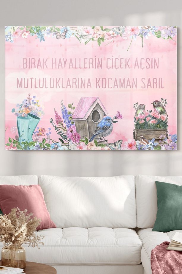 Motto Söz Mutluluk Hayaller | Kelimeler Temalı Cam Tablo | 50x70 Cm