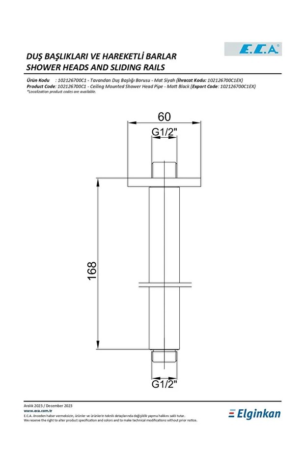 Tavandan Duş Başlığı Borusu Mat Siyah (L= 168 mm) 102126700C1