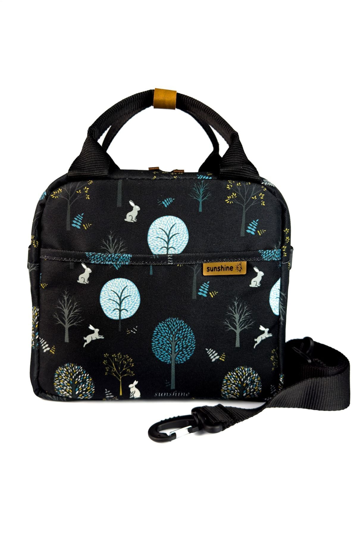 Siyah Ağaç Desenli Isı Izolasyonlu Yemek Taşıma Ek Gıda Beslenme Omuz Çantası