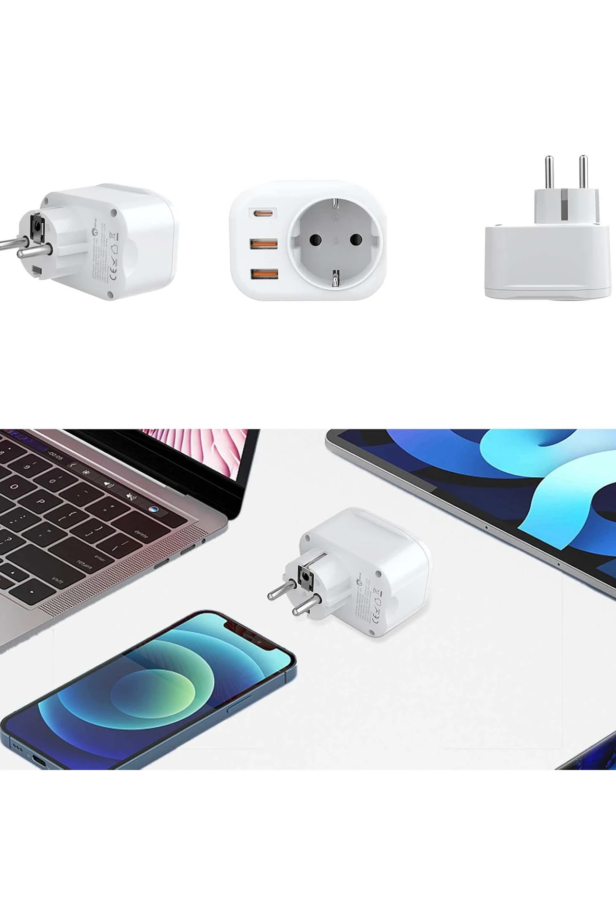 USB Type-C Priz Dönüştürücü Şarj Adaptörü Priz - 2 USB - 1 Type-C Girişli Çoklu Fiş