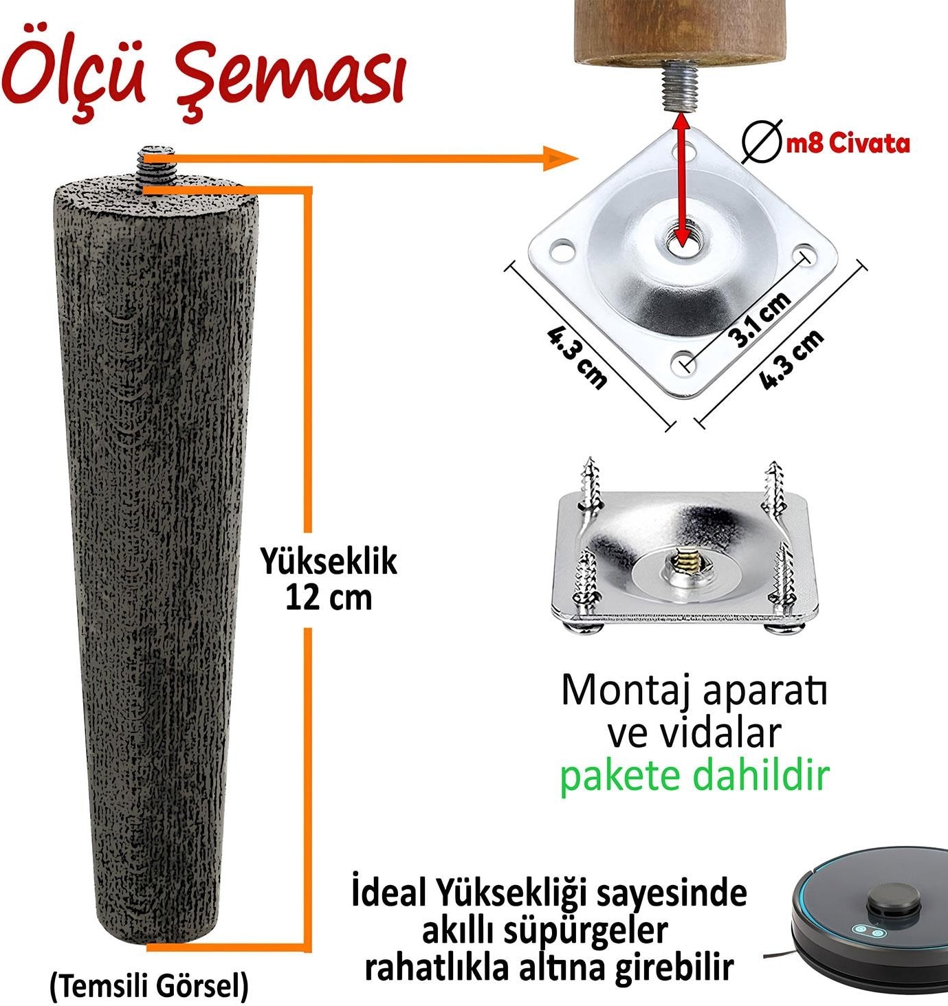 4 Adet Ahşap Ayak 12 cm Ceviz M8 Civatalı Bağlantı Aparatlı Dolap Mobilya Koltuk Kanepe Destek Ayağı Ayakları