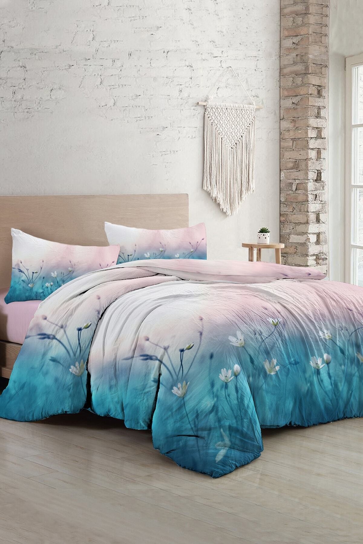 Kıng Sıze Soft Blue Luxury Çift Kişilik Pamuk Saten Nevresim Takımı 220x240cm