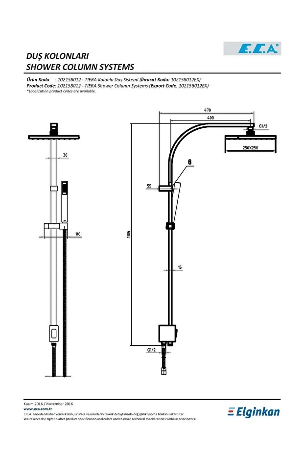 Tiera Kolonlu Banyo Tepe Duş Sistemi Kare Takım 102158012 E.c.a.