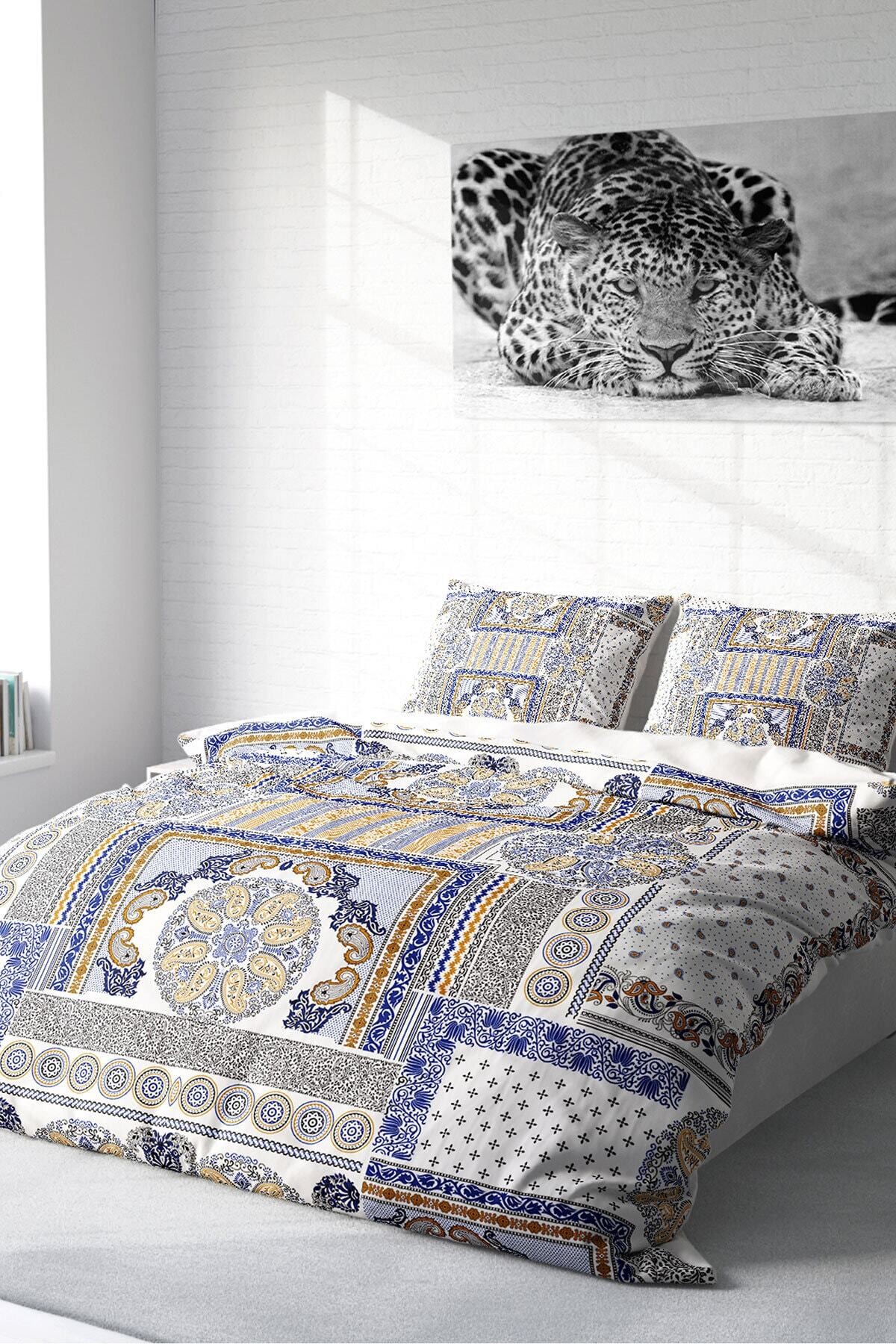 Kıng Sıze Blue Patchwork 3d Pamuk Saten Çift Kişilik Nevresim Takımı 220x240cm