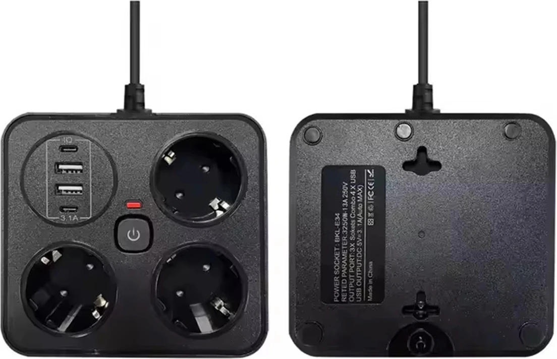 Akım Korumalı Anahtarlı Priz - 3x Priz - 2x USB - 2x Type-C - 2 mt Kablo Hızlı Şarj Özellikli