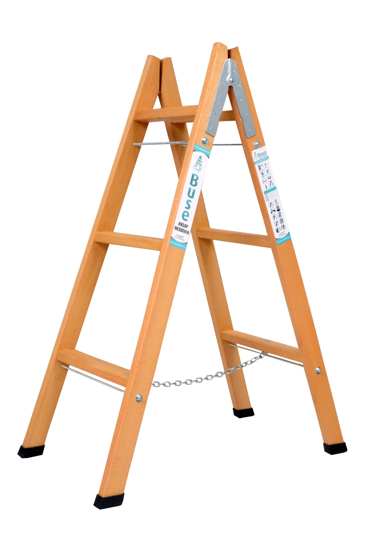 3+3 Çift Çıkışlı Geniş Basamaklı A Tipi Ahşap Merdiven 110 cm