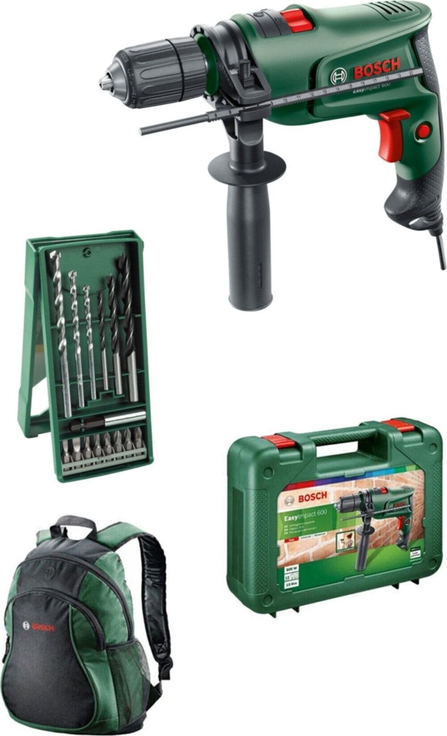 BOSCH Easyımpact 600 13 mm 600 Watt Darbeli Matkap Sırt Çantası 15 Parçalı Mini X-Line Seti