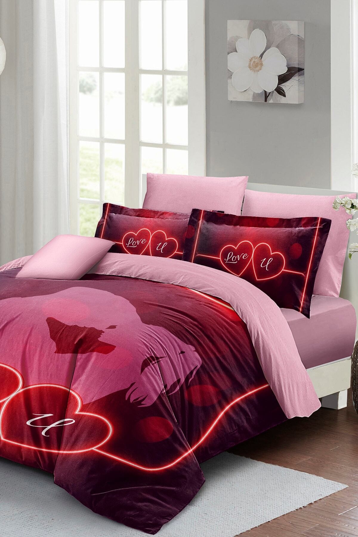 Kıng Sıze Sevgililer Günü Çift Kişilik Nevresim Takımı%100 Pamuk Saten Love U 220x240cm