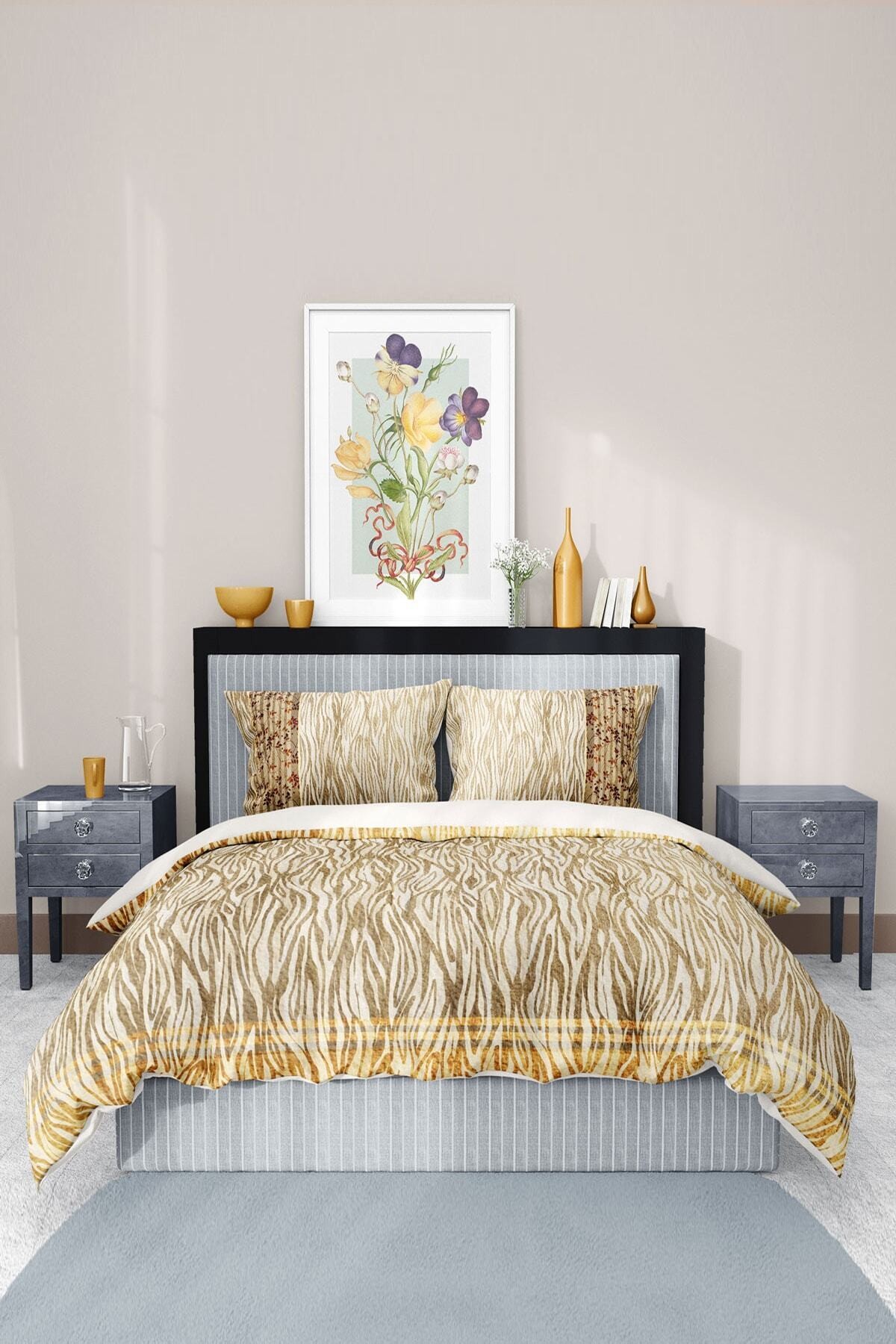 %100 Pamuk Saten Nevresim Takımı Lastikli Çarşaf Deluxe Çift Kişilik 3d Zebra