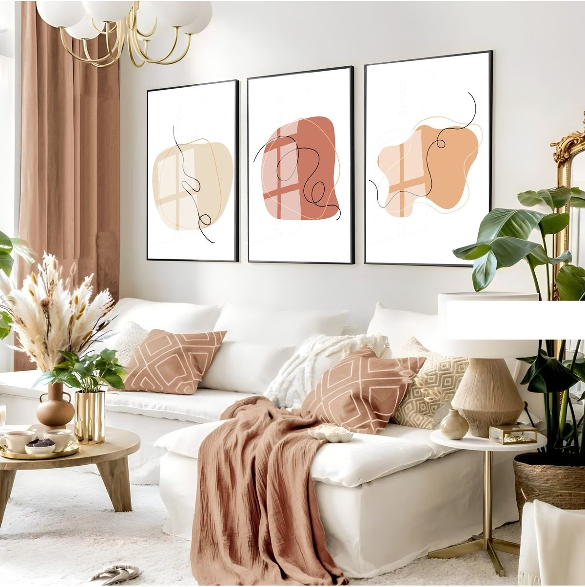 |krem Tonlu Minimalist Soyut Kombin|çerçeveli Cam Tablo 3lü Dikey