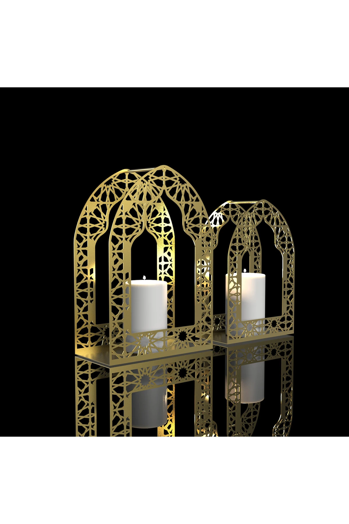 İslami Motifli 2'li Metal Ramazan Mumluk Seti - Ramazan Süsleri - Altın Renk - Wamh168
