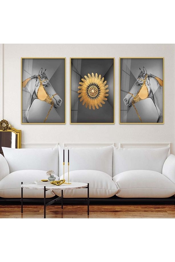 Gold Metal Çerçeveli Minimalist Soyut Desen Üçlü Kırılmaz Cam Tablo Seti
