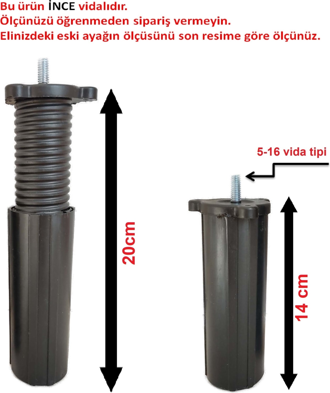 (Vida Ölçüsüne Dikkat)- Orta Plastik Mobilya Koltuk Kanepe Ayağı Tek Adet Siyah 14 -19 cm 5/16 Vida
