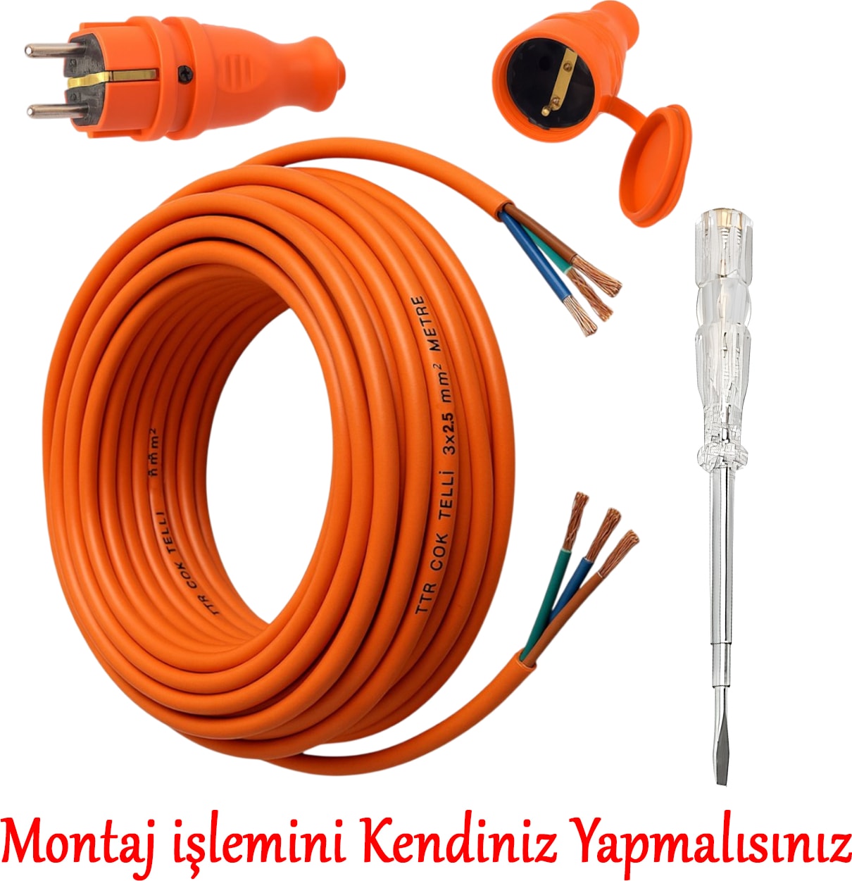 Seyyar 15 Metre Uzatma Kablosu Ttr Cca Çok Telli 3x2.5 mm Elektrik Kablo Kontrol Kalem Dişi Erkek Fiş
