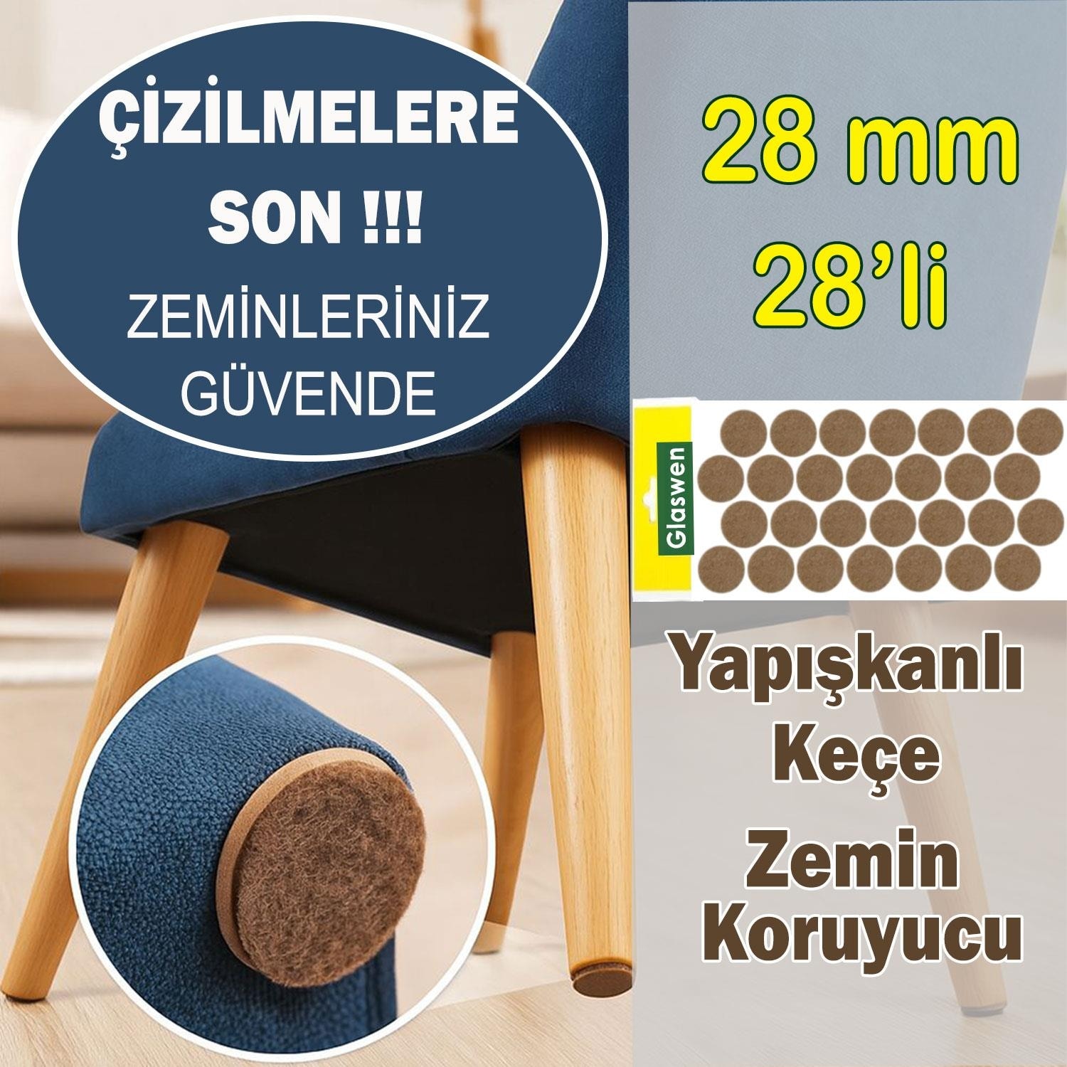 Yapışkanlı Yuvarlak Keçe Masa Sandalye Parke Zemin Ayak Koruyucu Kaydırmaz Keçesi 28 mm (28'li Paket)