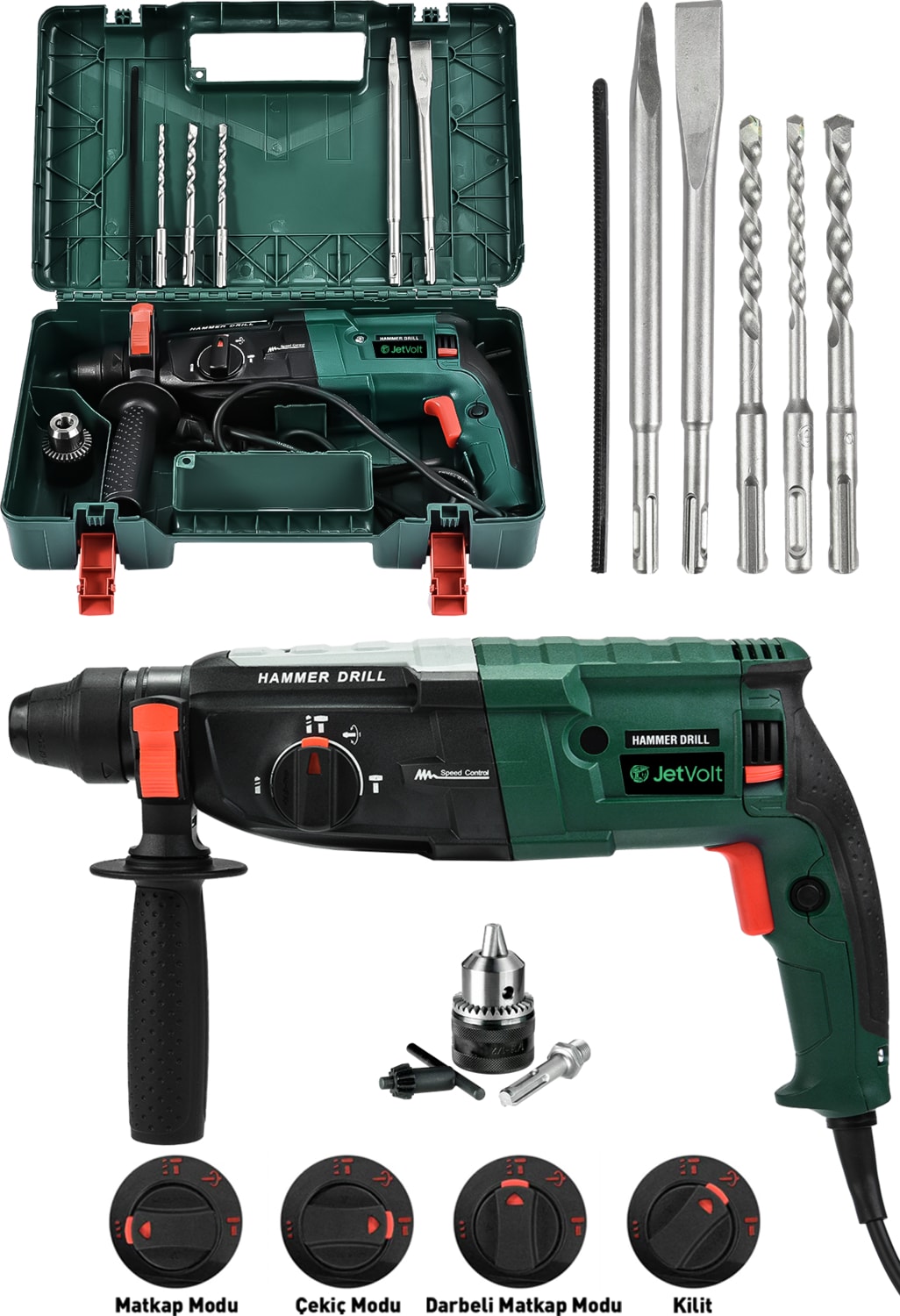 850W Metal Şanzıman Darbeli Matkap Kırıcı Delici Hilti 2-28MM - Yeşil