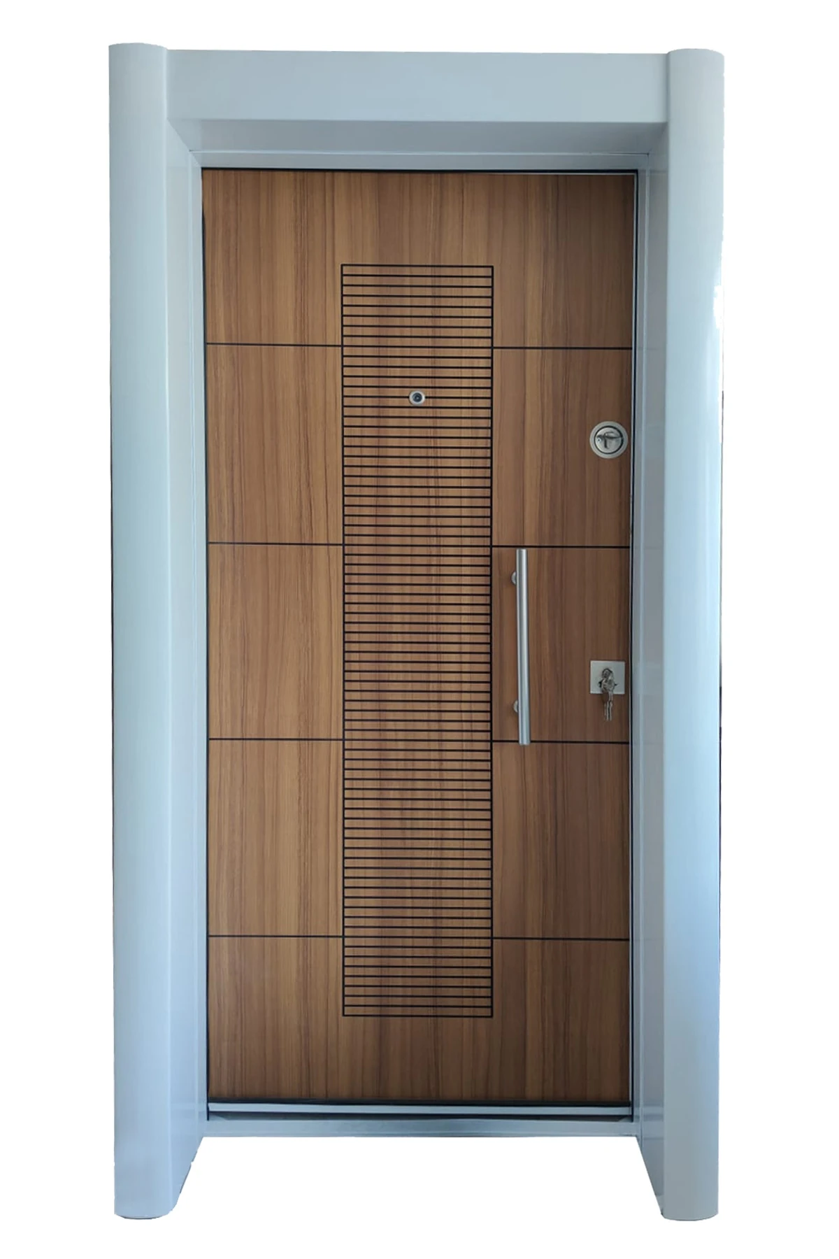 Celik Kapi Beyaz Kasalı Tırnaklı Sistem Kale Kilitli, Rustik Çizgili Düz Model Daire Kapısı Sol