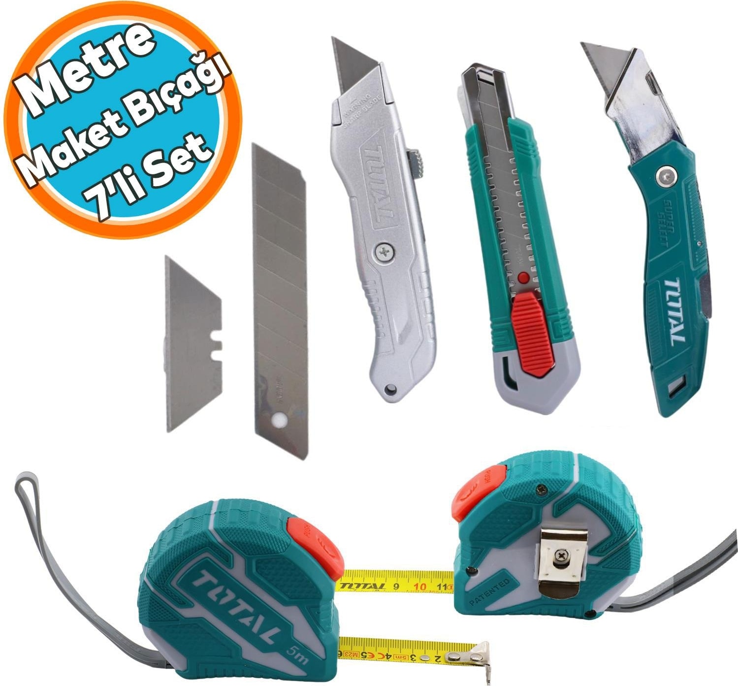 Metre ve Maket Bıçağı Seti Şerit Metre Halı Kesme Maket Bıçağı Yedek Bıçak 10'lu Total TOS23037E