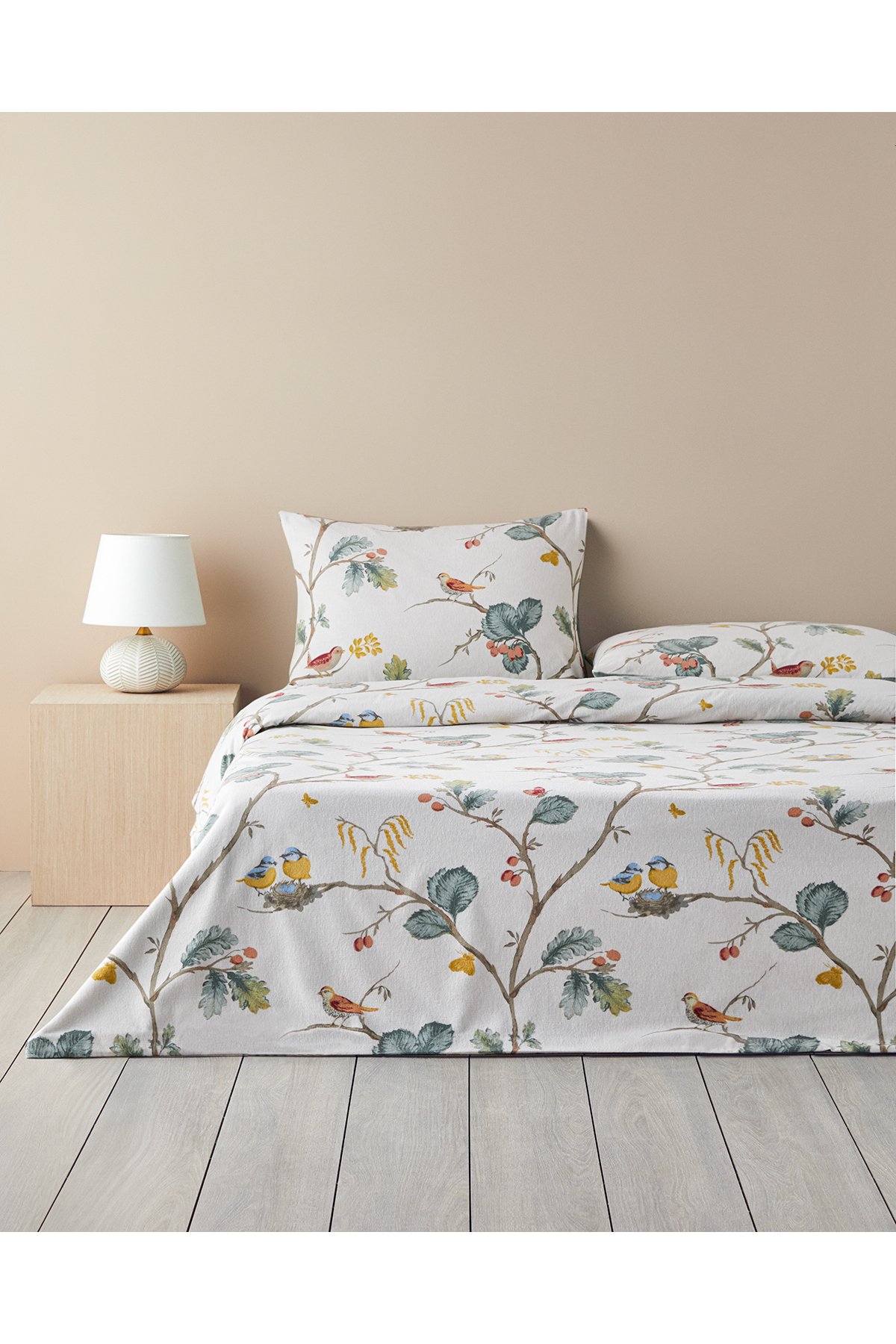 Birds Symphony Flanel Çift Taraflı Çift Kişilik Nevresim Takımı 200x220 cm Bej