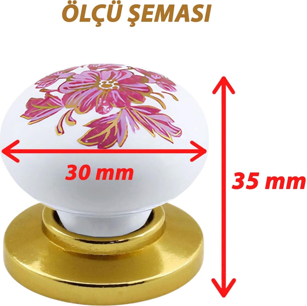 15 Adet Pembe Beyaz Ortanca Çiçek Desenli Altın Tablalı Polimer Düğme Kulp Mobilya Mutfak Dolabı Çekmece Kulpları