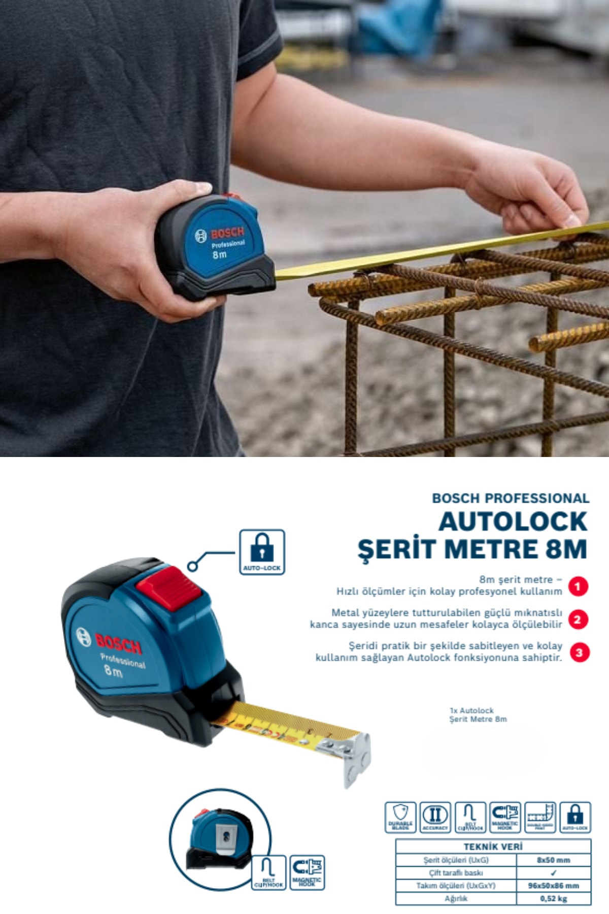 Şerit Metre 8 Metre Otomatik Kilitlemeli Dayanıklı Ölçüm Aleti Profesyonel Autolock