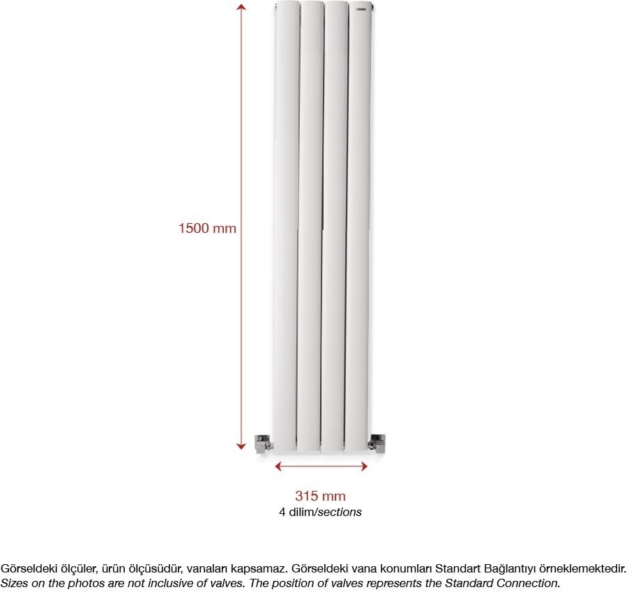 1500 x 315 mm Lilac Dikey Beyaz Alüminyum Radyatör Standart Bağlantı