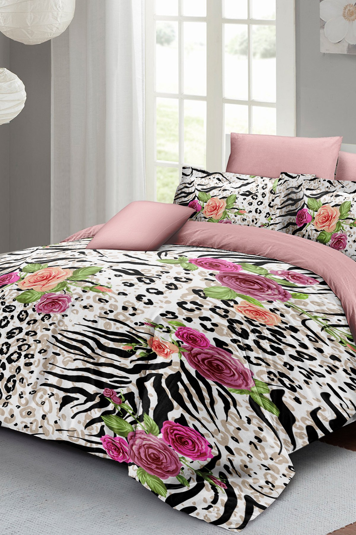 Kıng Sıze %100 Pamuk Saten Çift Kişilik Nevresim Takımı Zebra Flowers 220x240cm