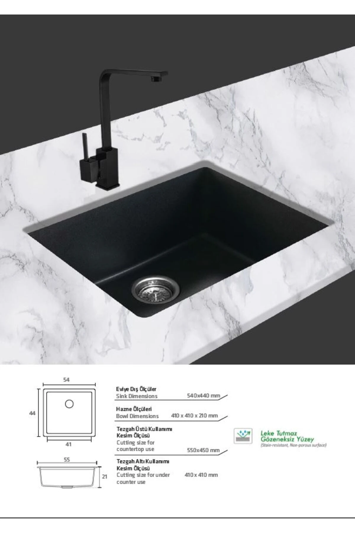 Granit Eviye | Kare | Ekstra Geniş Hazne | Beyaz | Ametist Sp06 | Evye