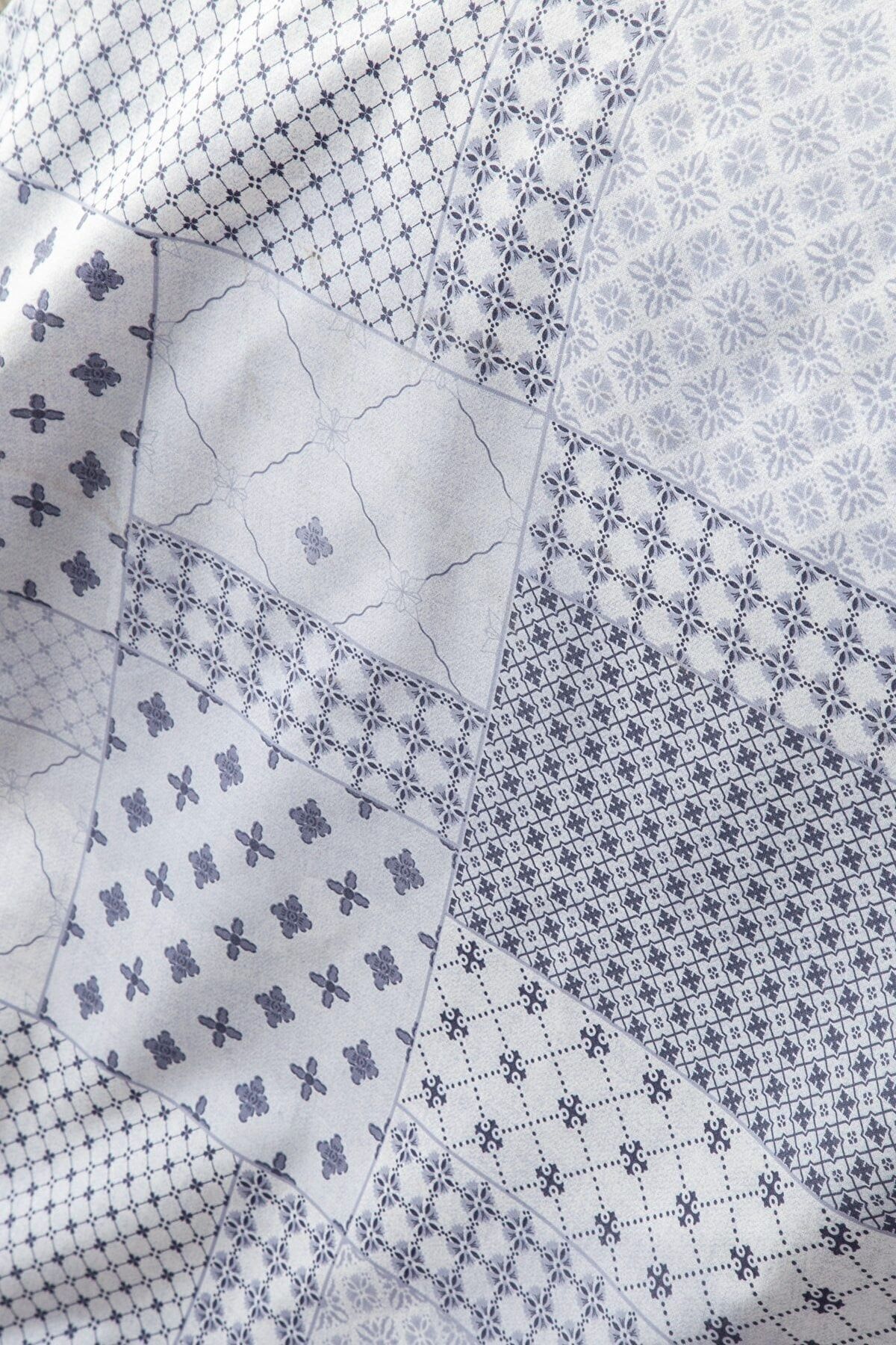 Battal Boy Nevresim Takımı Patchwork Gri Mavi Desen Ve 2 Adet Yastık Kılıfı Seti Pamuklu