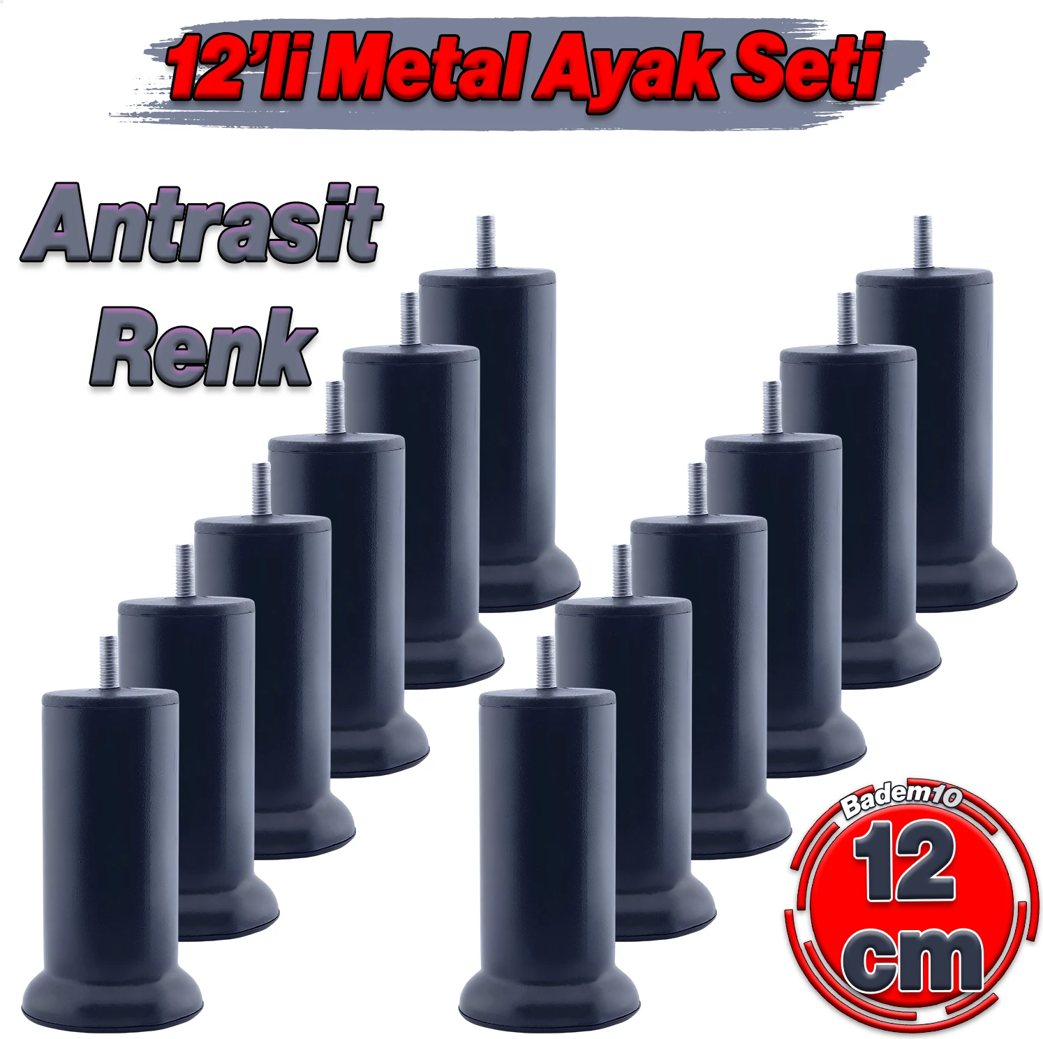 Mobilya Baza Metal 12 cm M8 Ince Diş 12 Adet Antrasit Ayağı Kanepe Koltuk Çekyat Yükseltme Ayakları
