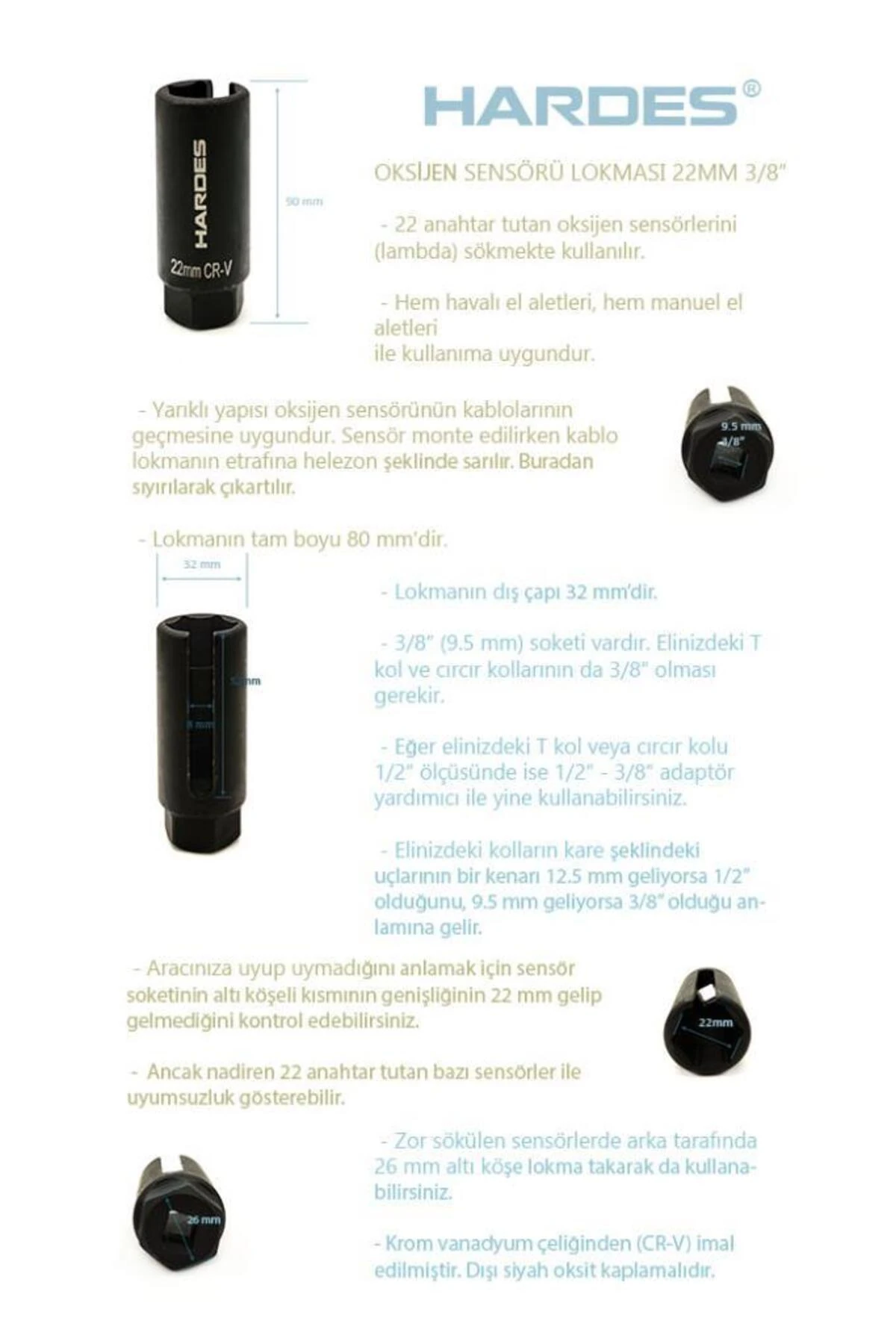 HARDES® 22mm Havalı Oksijen Sensör Lokması 3/8" Soket