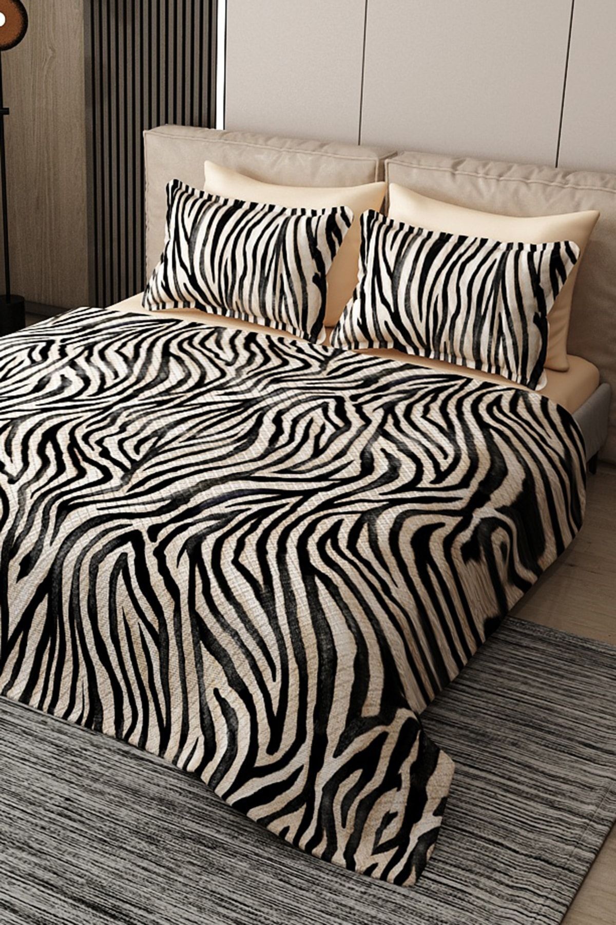 %100 Pamuk Çift Kişilik Pike Takımı Yatak Örtüsü Özel Dokuma Black Zebra