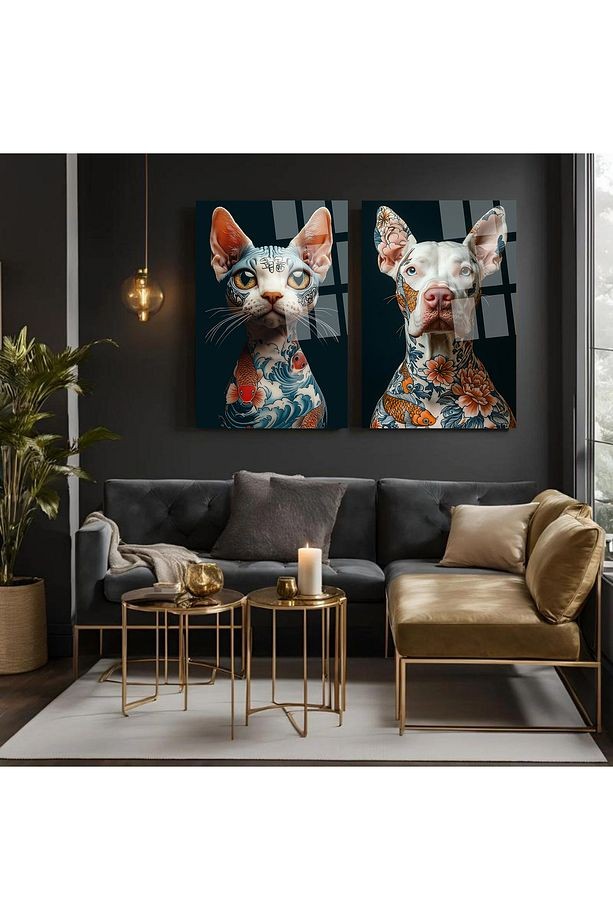2 Lİ TATTOO TABLO DÖVMELİ KEDİ VE KÖPEK CAM TABLO ULRTA CANLI RENK CAM TABLO KIRILMAZ CAM