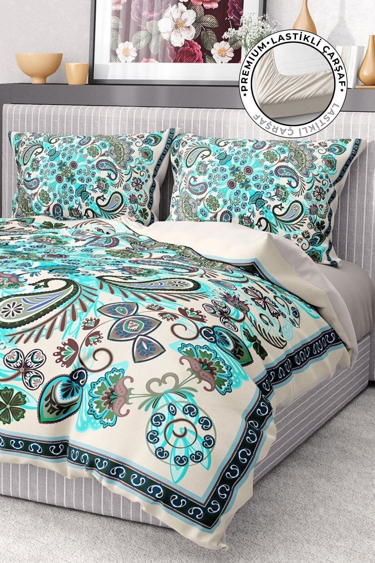 %100 Pamuk Saten Nevresim Takımı Lastikli Çarşaf Deluxe Çift Kişilik 3d Blue
