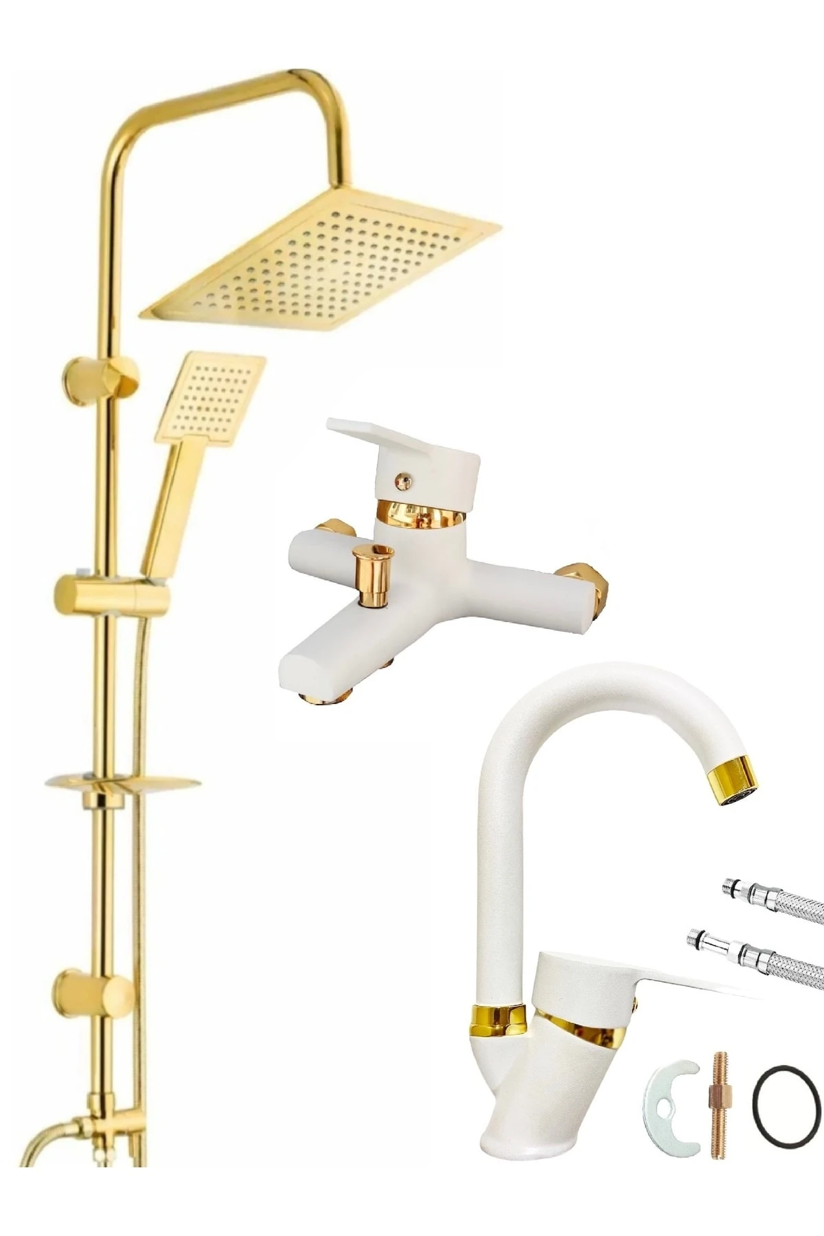 Kare Gold Robot Duş Seti Altın Renk Kaliteli Kaplama 3'lü Set Beyaz Gold Banyo Ve Lavabo Bataryası