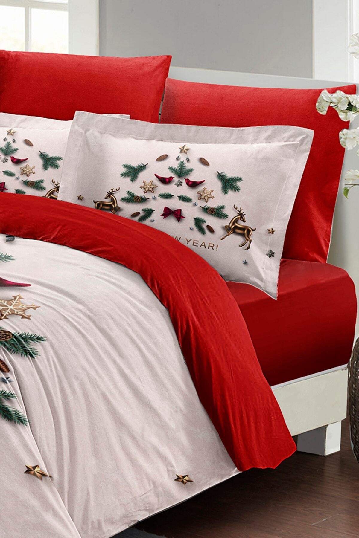 Kıng Sıze Yılbaşı Süsü White Noel %100 Pamuk Saten 3d Çift Kişilik Nevresim Takımı 220x240cm