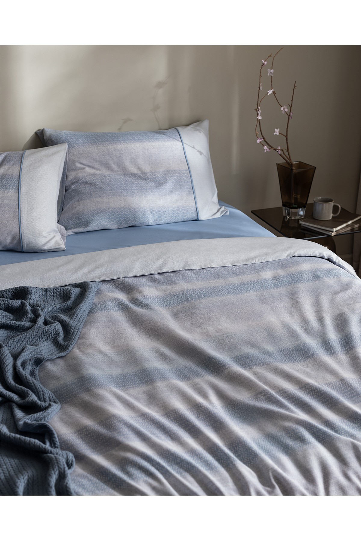 Candide King Size %100 Pamuk  Crep Baskılı Nevresim Takımı - Mavi