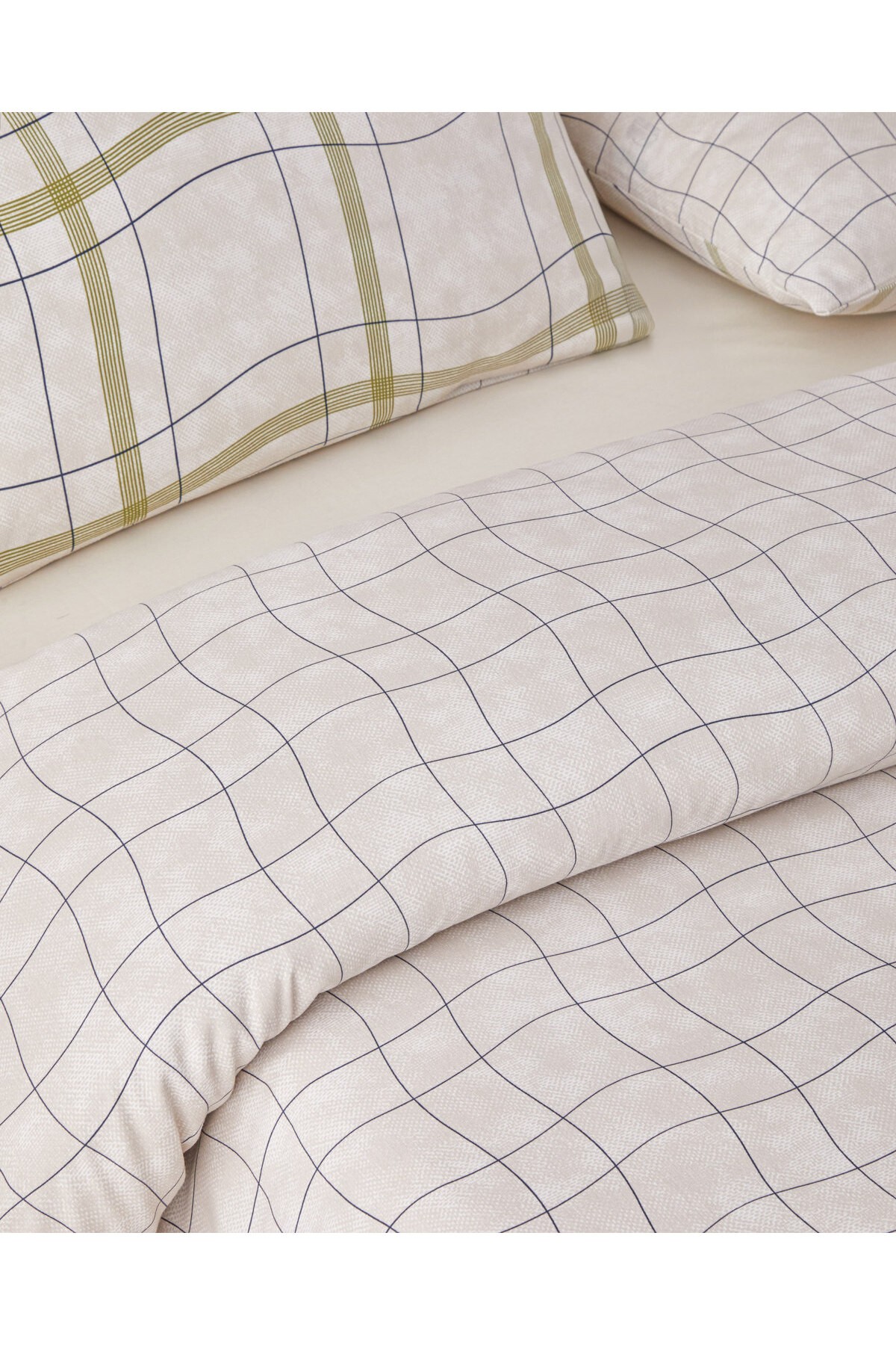 Wave Check Kolay Ütülenir Çift Kişilik Nevresim Takımı 200x220 cm Açık Yeşil-Bej