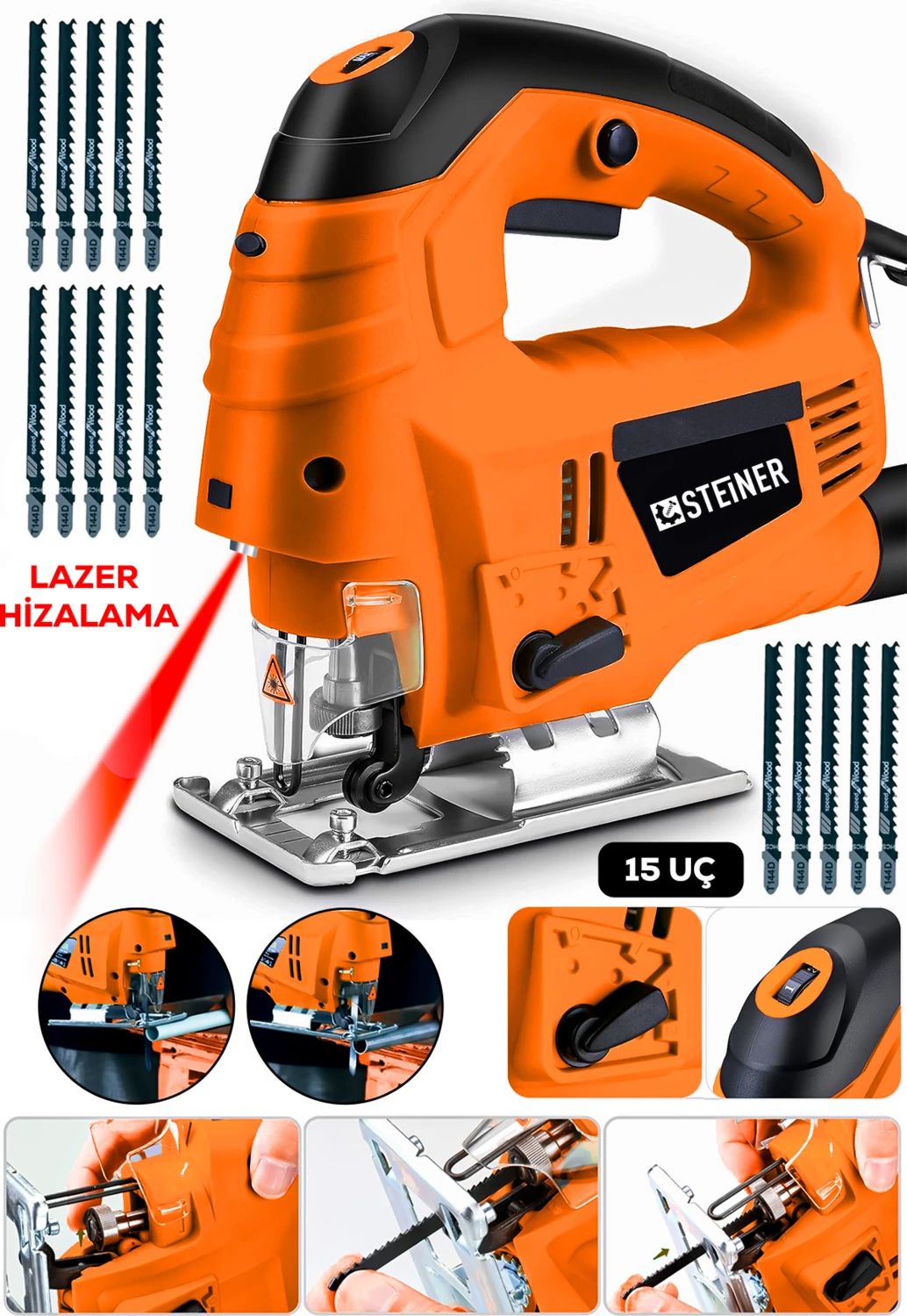 Alman 4600 W Lazerli Sjs Metal Şanzuman 6 Kademe Devirli Pandül Ayarlı Dekupaj Testere Makinesi Turuncu + 15UÇ