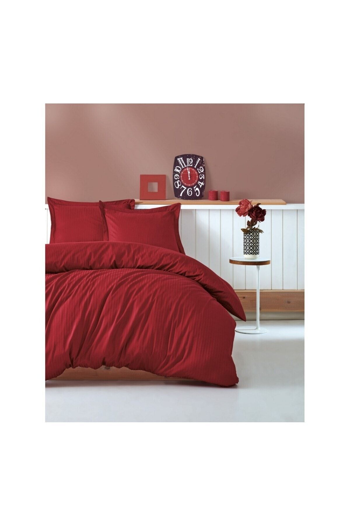 Elegant Stripe Saten Çift Kişilik Nevresim Takımı Bordo